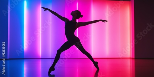 A woman in a black tank top and black leggings is dancing in front of a colorful wall