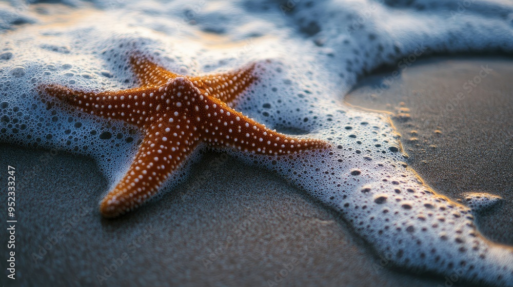 A close-up of a starfish lying on wet sand as the sea gently washes over it, creating a peaceful moment. A close-up of a starfish lying on wet sand as the sea gently washes over it, creating a peaceful moment.