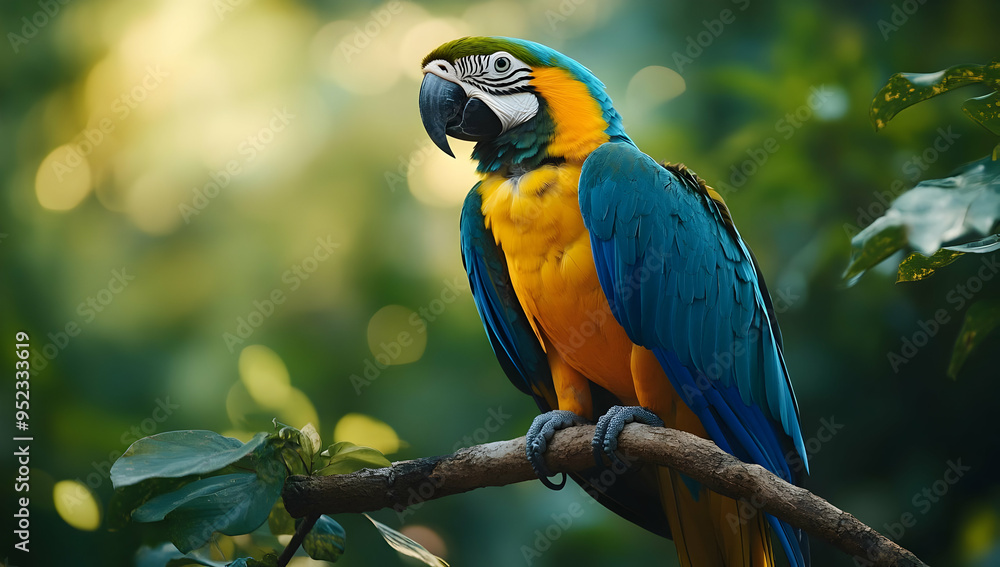 A vibrant macaw perched gracefully on a branch, showcasing its stunning blue and yellow plumage in a lush green environment. A vibrant macaw perched gracefully on a branch, showcasing its stunning blue and yellow plumage in a lush green environment.