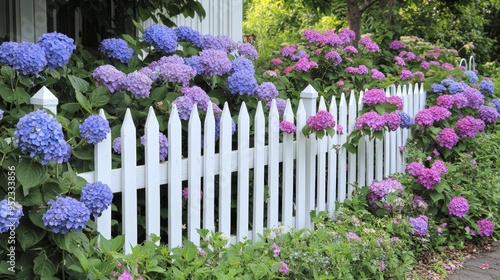 White picket fence with blooming hydrangeas in a cottage garden