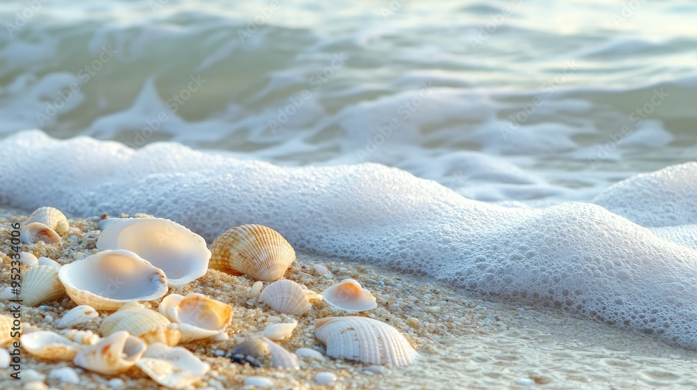 A close-up of gentle waves washing over seashells on a sandy beach, creating a peaceful seaside atmosphere. A close-up of gentle waves washing over seashells on a sandy beach, creating a peaceful seaside atmosphere.