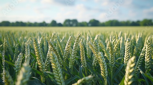 A field of wheat or some similar crop ripening in early summer  Lincolnshire UK  Farming in England  Countryside landscape on a warm sunny day  June 2015 : Generative AI photo