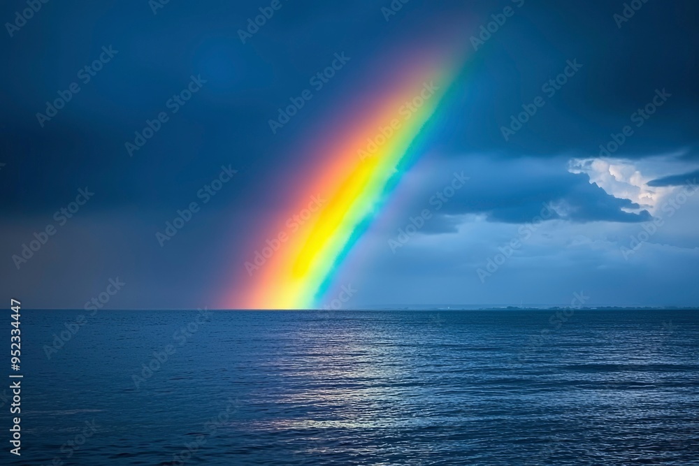 A Rainbow Arcing Over a Calm Sea After a Storm A Rainbow Arcing Over a Calm Sea After a Storm