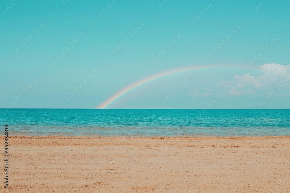 A Rainbow Arcs Over a Calm Ocean and Sandy Beach A Rainbow Arcs Over a Calm Ocean and Sandy Beach
