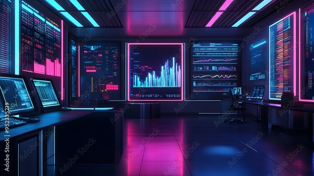 Futuristic Digital Control Room with Neon Lit Screens and Data Visualization Displays Futuristic Digital Control Room with Neon Lit Screens and Data Visualization Displays