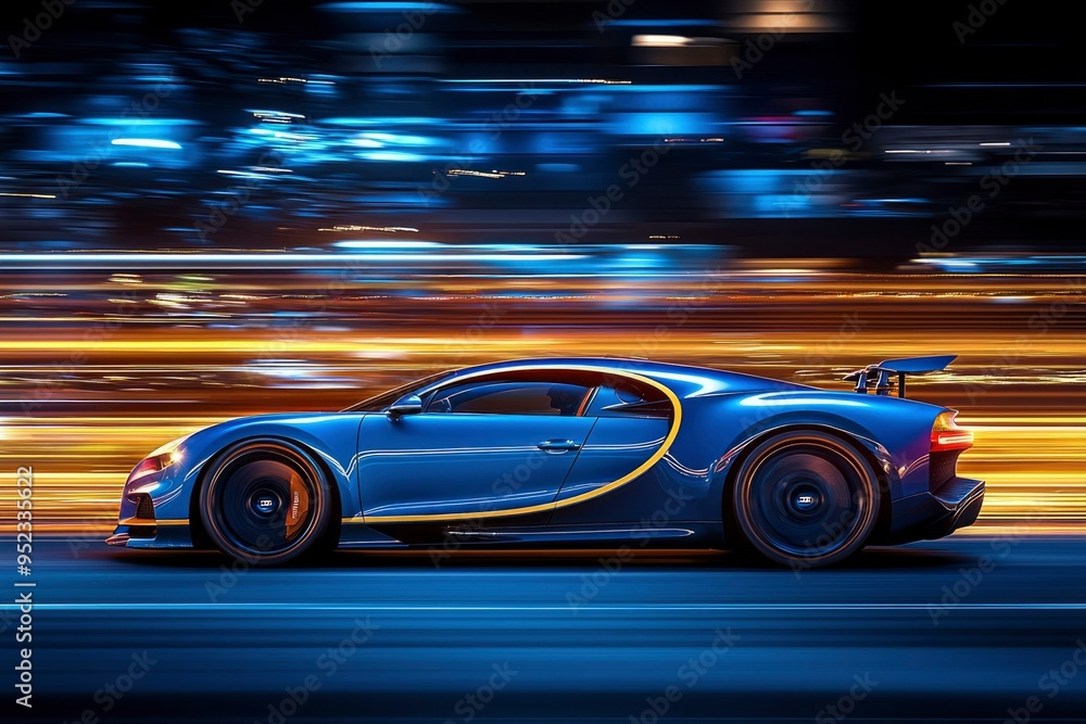 Blue Sports Car Driving Through City at Night Blue Sports Car Driving Through City at Night