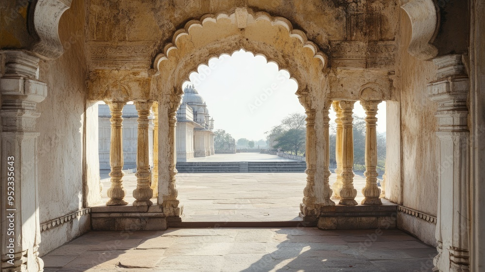 Fototapeta premium Jain pilgrimage site seen through a temple arch, no people, bright sky, copy space available