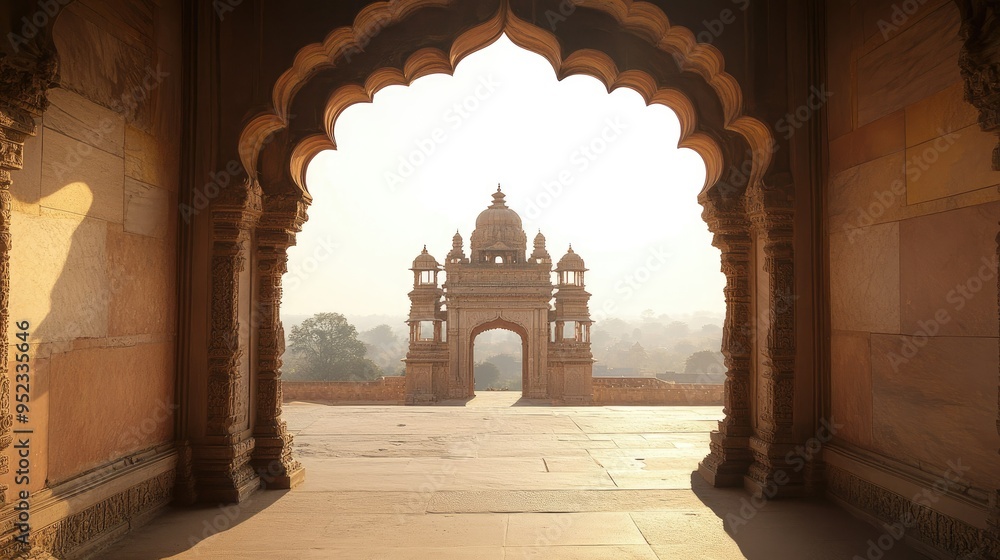 Jain pilgrimage site seen through a temple arch, no people, bright sky, copy space available