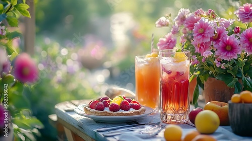 Stylish table setting with beautiful spring flowers fruit drink and pie in garden : Generative AI