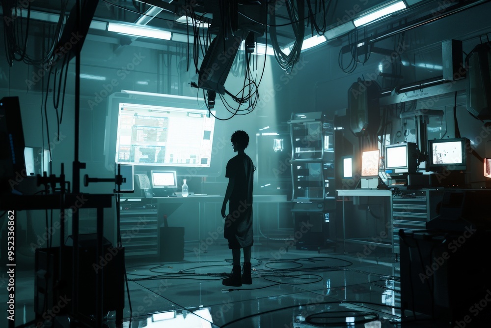 Obraz premium A child exploring a futuristic tech lab, illuminated by screens and wires, evoking curiosity and technology's impact on youth.