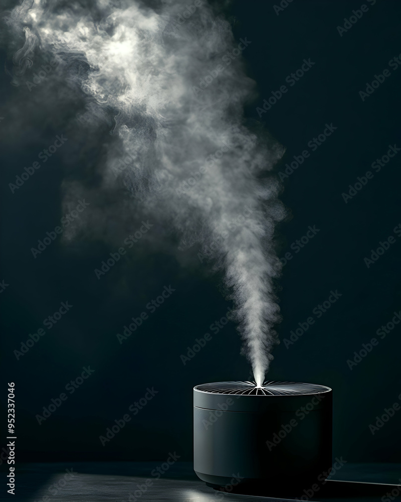 A sleek diffuser releasing aromatic mist into a dark atmosphere, enhancing relaxation and creating a calming ambiance. A sleek diffuser releasing aromatic mist into a dark atmosphere, enhancing relaxation and creating a calming ambiance.