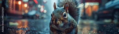 A close-up of a squirrel in urban rain, showcasing its details and surroundings, perfect for wildlife and city life themes.