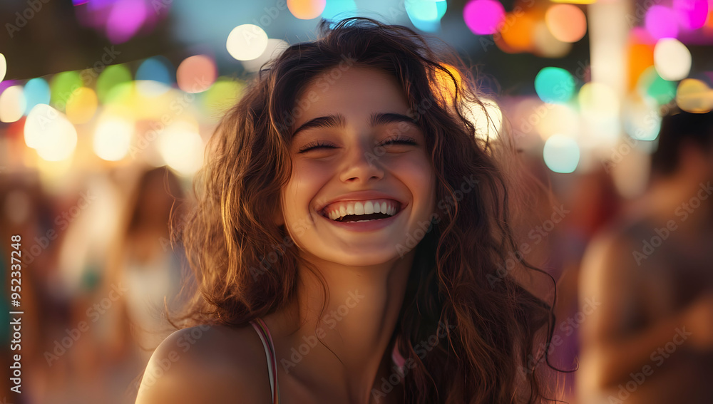 A joyful woman with curly hair smiles brightly at a vibrant festival, surrounded by colorful lights and a cheerful atmosphere. A joyful woman with curly hair smiles brightly at a vibrant festival, surrounded by colorful lights and a cheerful atmosphere.