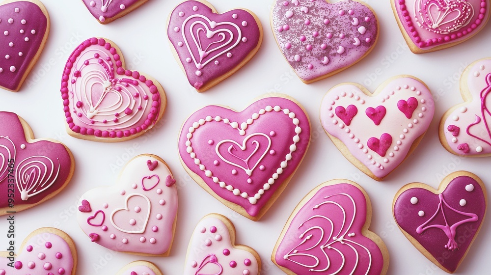 Valentine's Day cookies in the shape of hearts decorated with pink and white icing, on a light background, pastel colors, top view, flat lay. Valentine's Day cookies in the shape of hearts decorated with pink and white icing, on a light background, pastel colors, top view, flat lay.