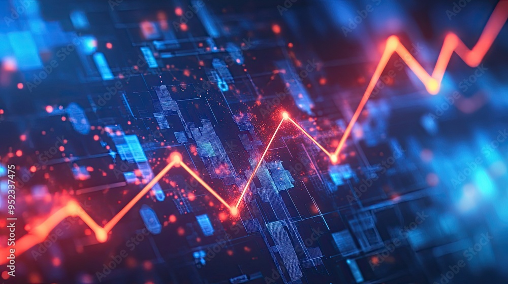 A digital financial graph with an upward arrow and glowing points, symbolizing business success in a modern world.