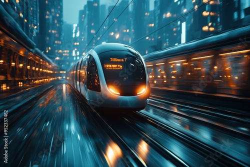 Modern Train Speeding Through a Futuristic City at Night photo