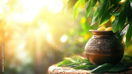 Kalash (pot) with coconut and mango leaves, space for text on a blurred background. Auspicious symbol. photo