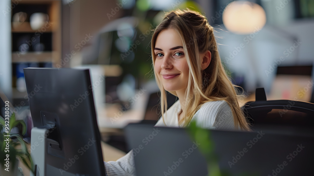 Office worker or office manager against the backdrop of the workroom. AI Generated Office worker or office manager against the backdrop of the workroom. AI Generated