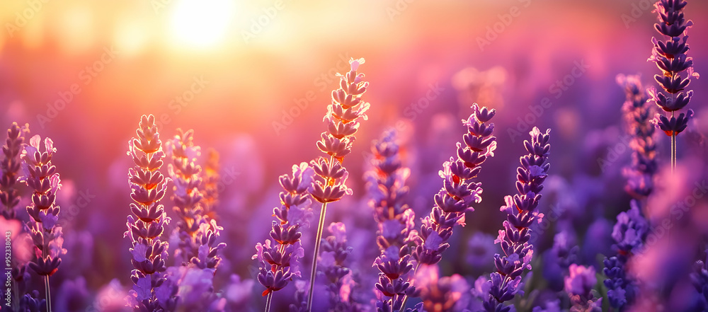 Obraz premium Serene lavender field bathed in golden sunlight, creating a tranquil and picturesque scene that evokes calm and relaxation.