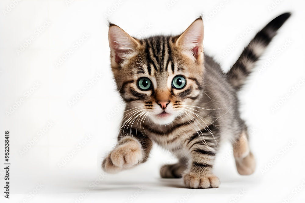 A playful tabby kitten with big curious eyes and a striped coat pouncing on a white background, Ai Generated A playful tabby kitten with big curious eyes and a striped coat pouncing on a white background, Ai Generated