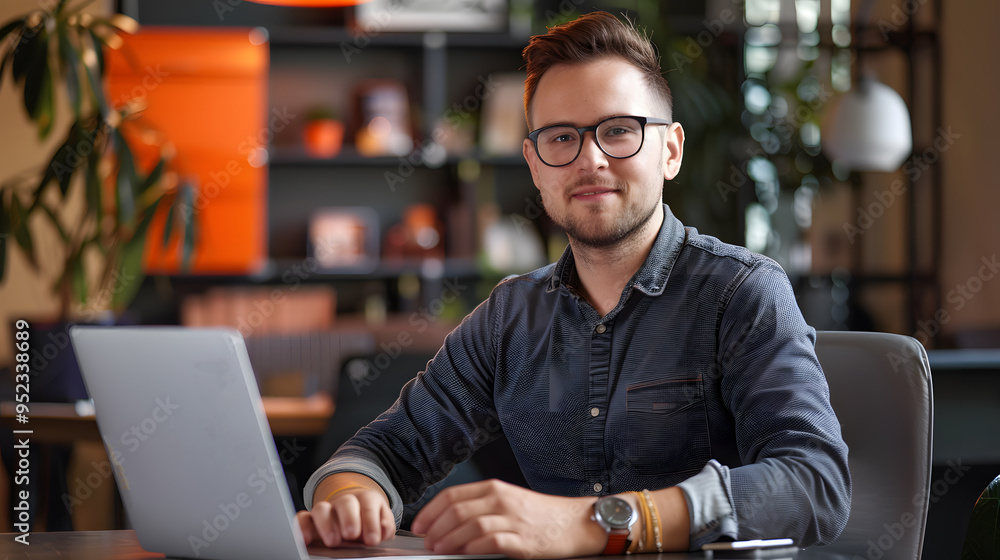 Office worker or office manager against the backdrop of the workroom. AI Generated Office worker or office manager against the backdrop of the workroom. AI Generated