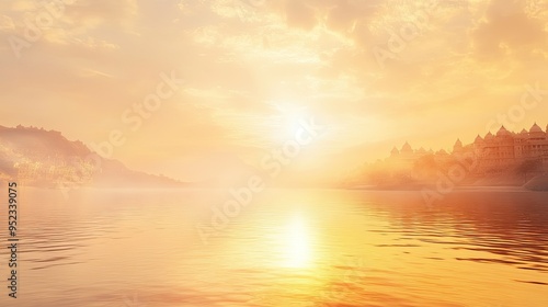 Sacred Ganges River flowing with space for text in the sky or water. Holy river in Hinduism. photo