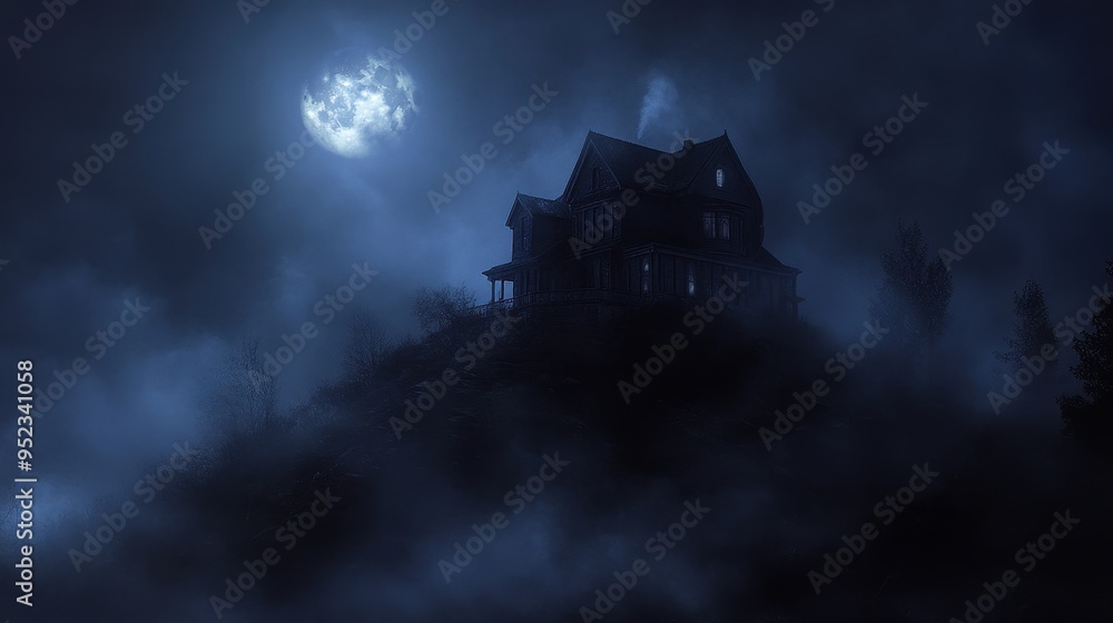 Eerie Haunted House on Moonlit Hill with Ghostly Silhouette in Window Eerie Haunted House on Moonlit Hill with Ghostly Silhouette in Window