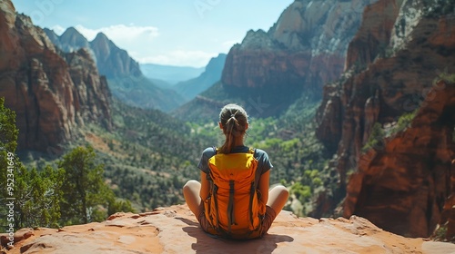 Girl hiking in red mountains in Utah Woman relaxing in the mountains on summer vacation Free woman enjoying time in nature Watchman Trail Zion National Park Springdale  Utah USA : Generative AI photo