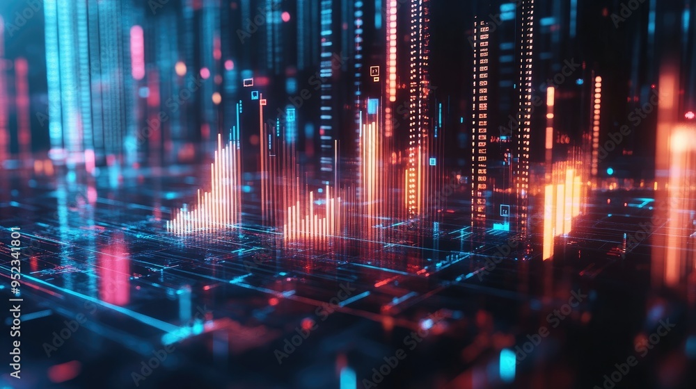 Fototapeta premium A futuristic financial graph with 3D bars and glowing data points, representing positive market trends and growth.