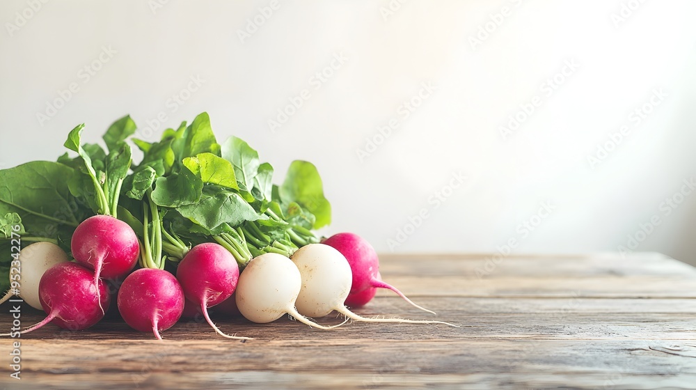 Radish Medley on Rustic Wooden Table with Fresh Leafy Greens Radish Medley on Rustic Wooden Table with Fresh Leafy Greens