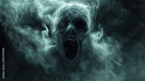 Haunting Ghostly Figure with Hollow Eyes Screaming in Swirling Fog and Darkness