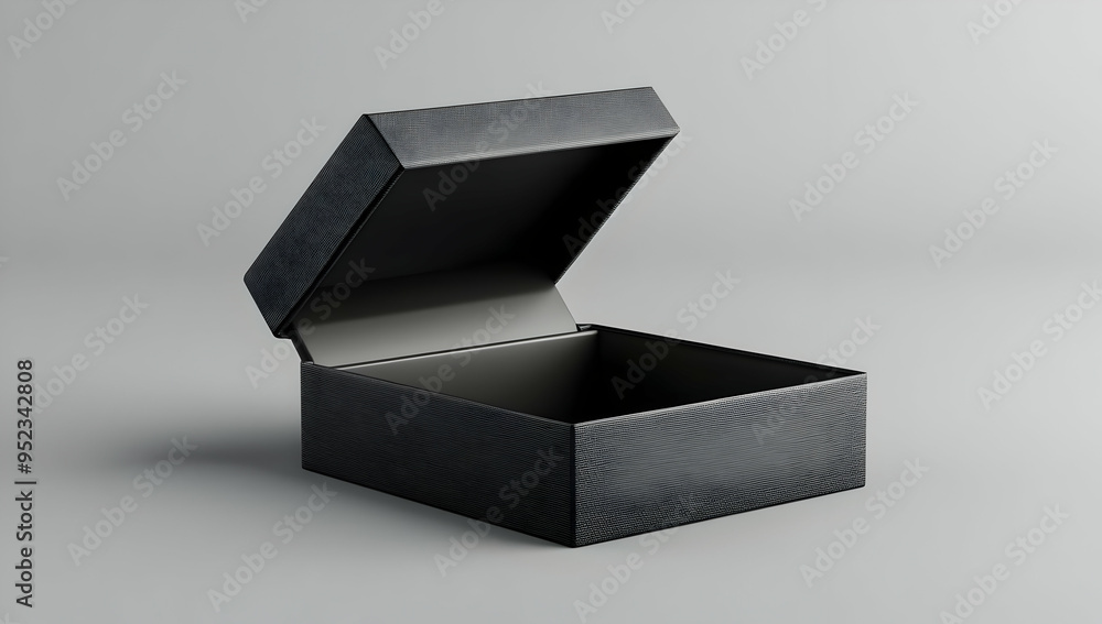A sleek black open box on a minimalistic grey background, perfect for showcasing products or gift packaging.