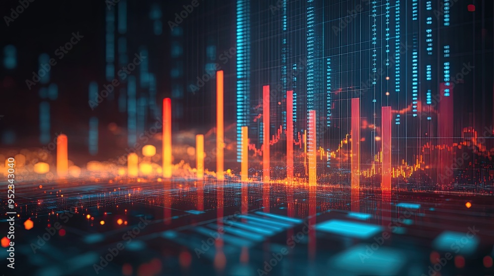 A glowing financial bar chart with rising columns and data points, symbolizing positive market trends. A glowing financial bar chart with rising columns and data points, symbolizing positive market trends.