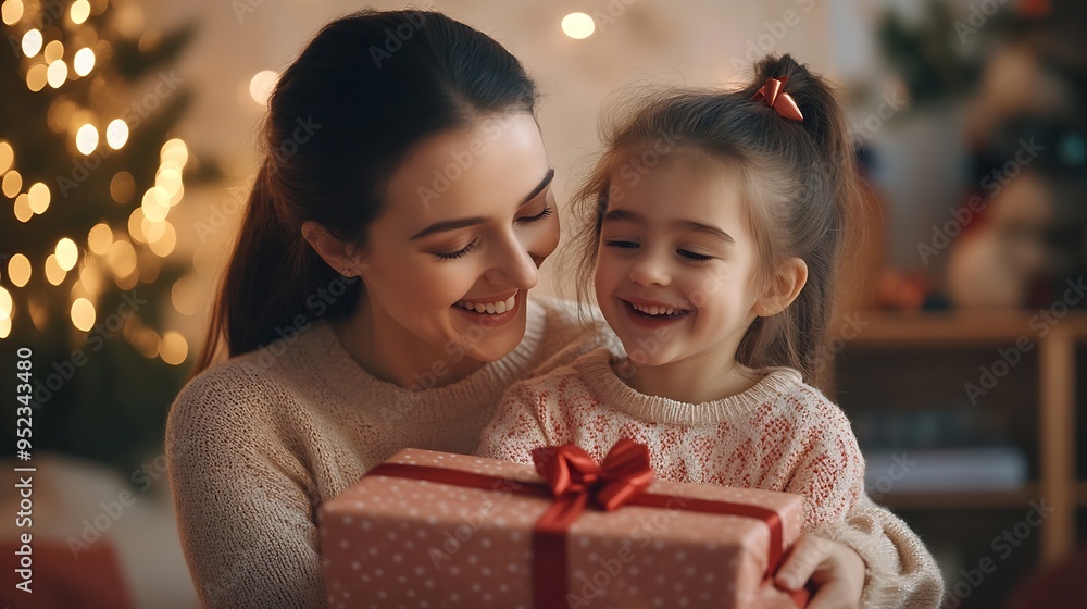 A mother and daughter sharing a joyful moment with a gift in a cozy living room exemplifying family love and togetherness : Generative AI A mother and daughter sharing a joyful moment with a gift in a cozy living room exemplifying family love and togetherness : Generative AI
