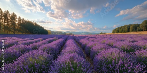 Sunset over a peaceful lavender field with golden light