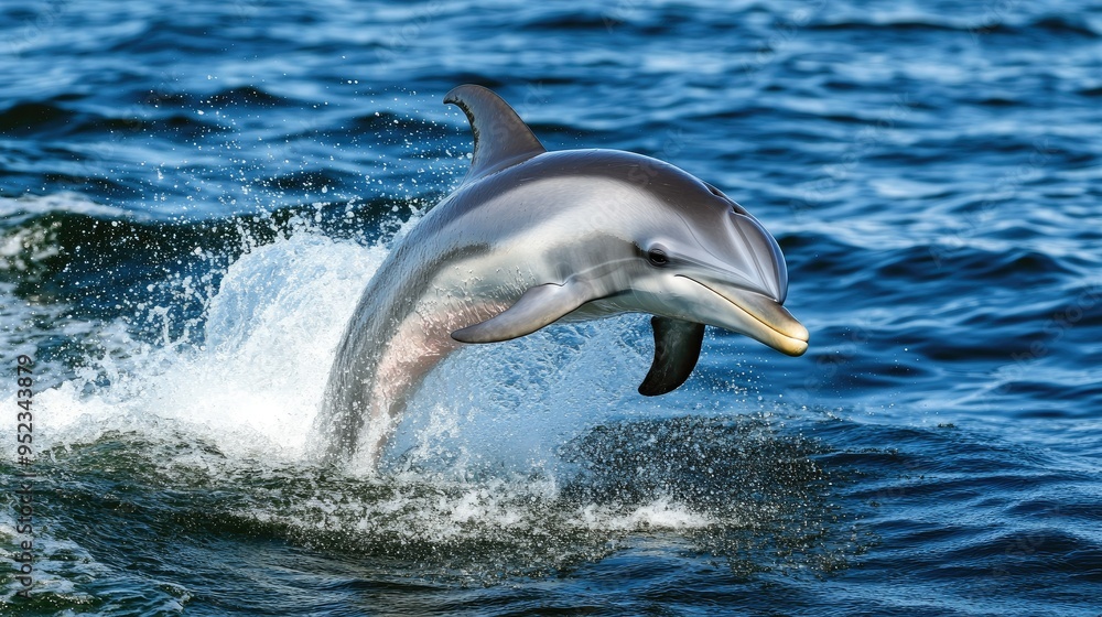 Obraz premium A lone dolphin leaping out of the sea, creating a splash against the backdrop of the open ocean.