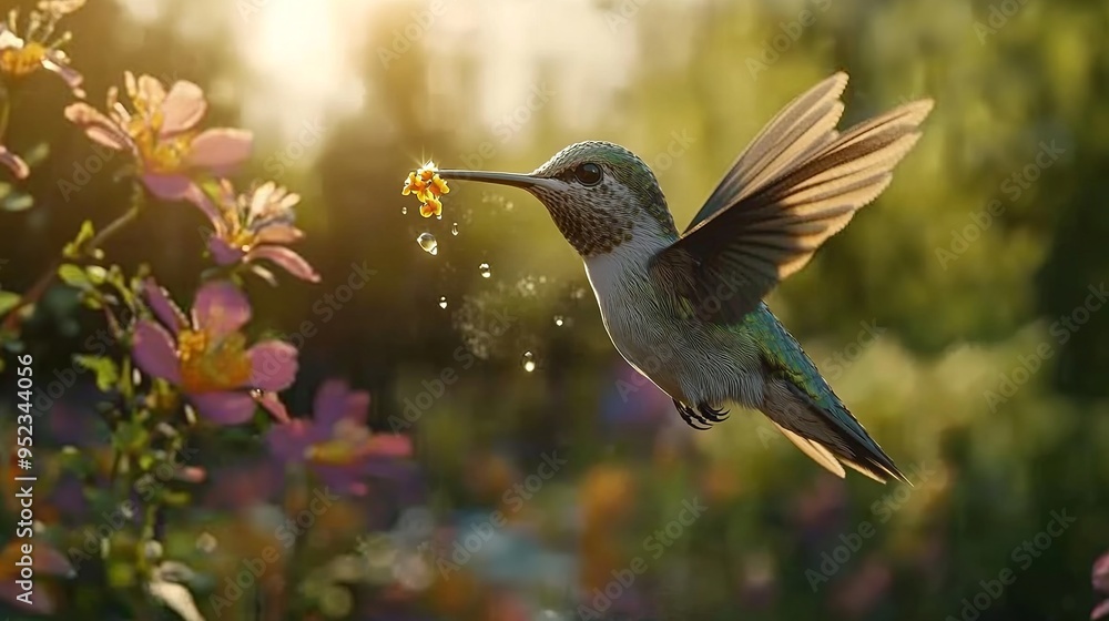 Naklejka premium a hummingbird drinking nectar, extremely detailed photo