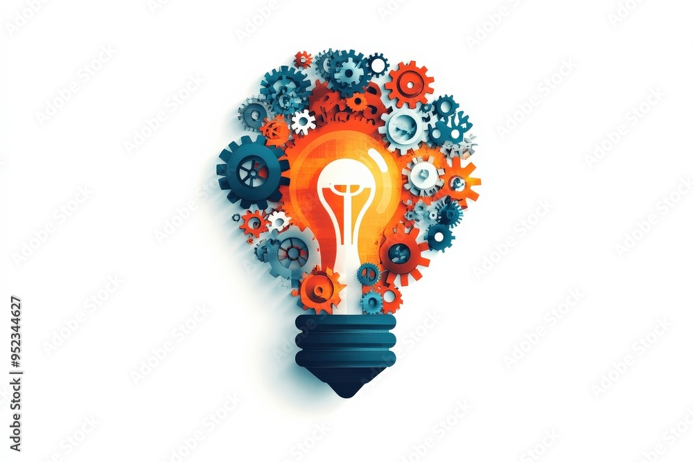 Creativity-themed icons, lightbulb and gears, minimal white background, flat design illustration, copy space for stock photo with minimal concept, No logo, No Trademark, No text Creativity-themed icons, lightbulb and gears, minimal white background, flat design illustration, copy space for stock photo with minimal concept, No logo, No Trademark, No text