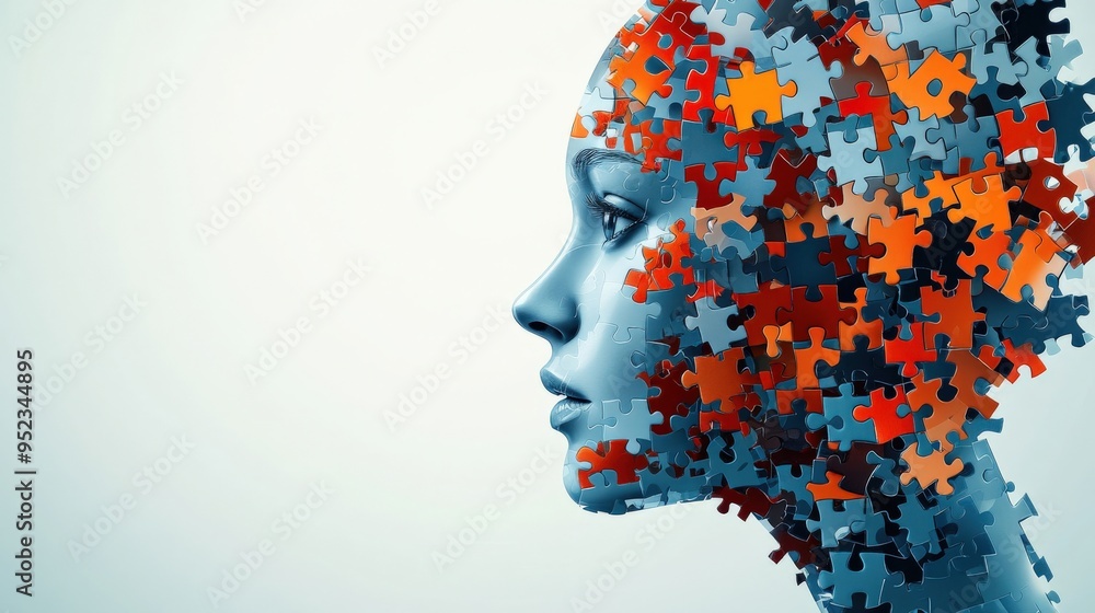 Abstract human head, puzzle pieces and ideas flowing, minimal white background, flat design illustration, copy space for stock photo with minimal concept, No logo, No Trademark, No text Abstract human head, puzzle pieces and ideas flowing, minimal white background, flat design illustration, copy space for stock photo with minimal concept, No logo, No Trademark, No text