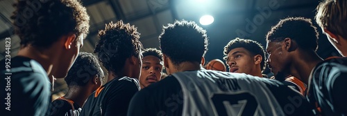 Basketball Coach Team Huddle Timeout. Inspiring Basketball Team to Victory.