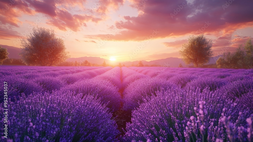 Sunset over a peaceful lavender field with golden light Sunset over a peaceful lavender field with golden light