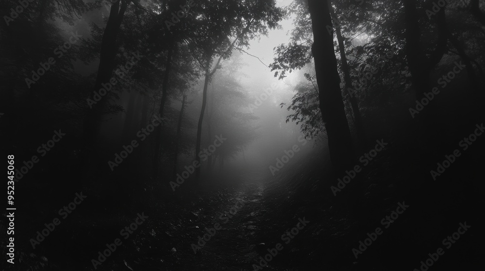 Eerie Haunted Forest: Misty Path with Ghostly Silhouettes and Distant Screams Eerie Haunted Forest: Misty Path with Ghostly Silhouettes and Distant Screams