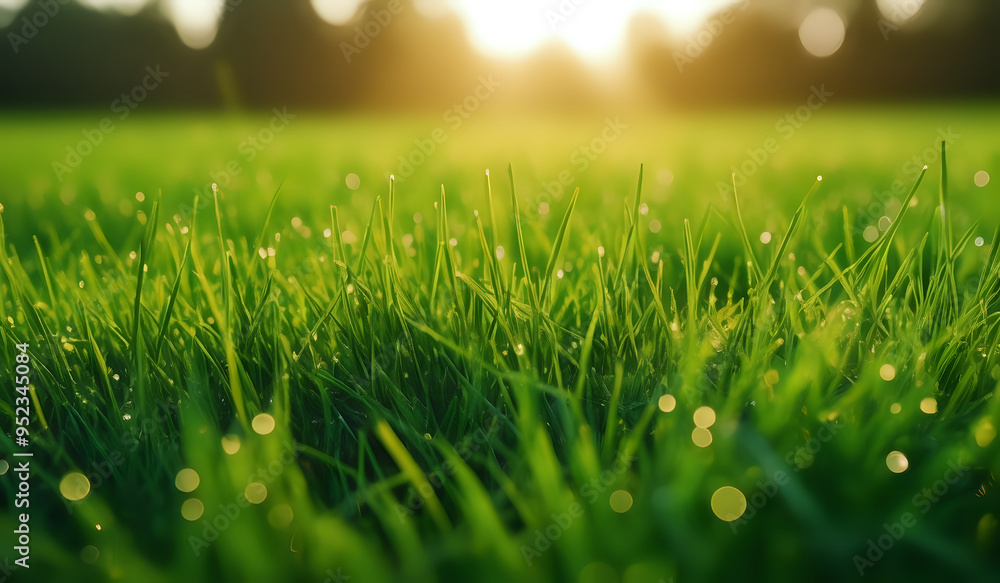 Lush green grass on meadow with drops of water dew in morning Lush green grass on meadow with drops of water dew in morning