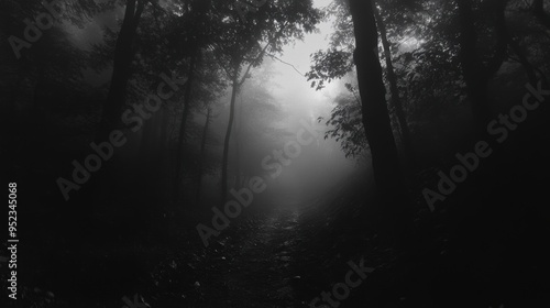 Eerie Haunted Forest: Misty Path with Ghostly Silhouettes and Distant Screams