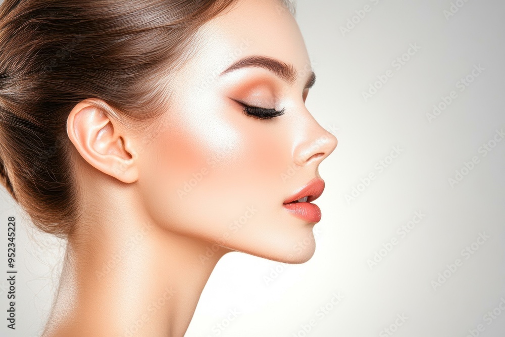 A close-up side profile of a woman with flawless skin and minimal makeup highlighting rosy cheeks and perfectly groomed eyebrows, suitable for beauty, skincare, and cosmetics advertising, A close-up side profile of a woman with flawless skin and minimal makeup highlighting rosy cheeks and perfectly groomed eyebrows, suitable for beauty, skincare, and cosmetics advertising,