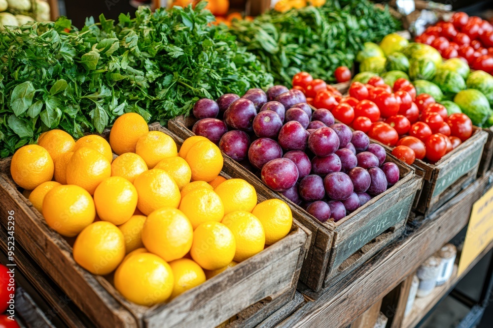 Colorful display of fresh fruits and vegetables at a market, ideal for promoting healthy eating, vegan lifestyle, farm-fresh produce, or grocery stores, Photo features vibrant lemons, plums, tomatoes Colorful display of fresh fruits and vegetables at a market, ideal for promoting healthy eating, vegan lifestyle, farm-fresh produce, or grocery stores, Photo features vibrant lemons, plums, tomatoes