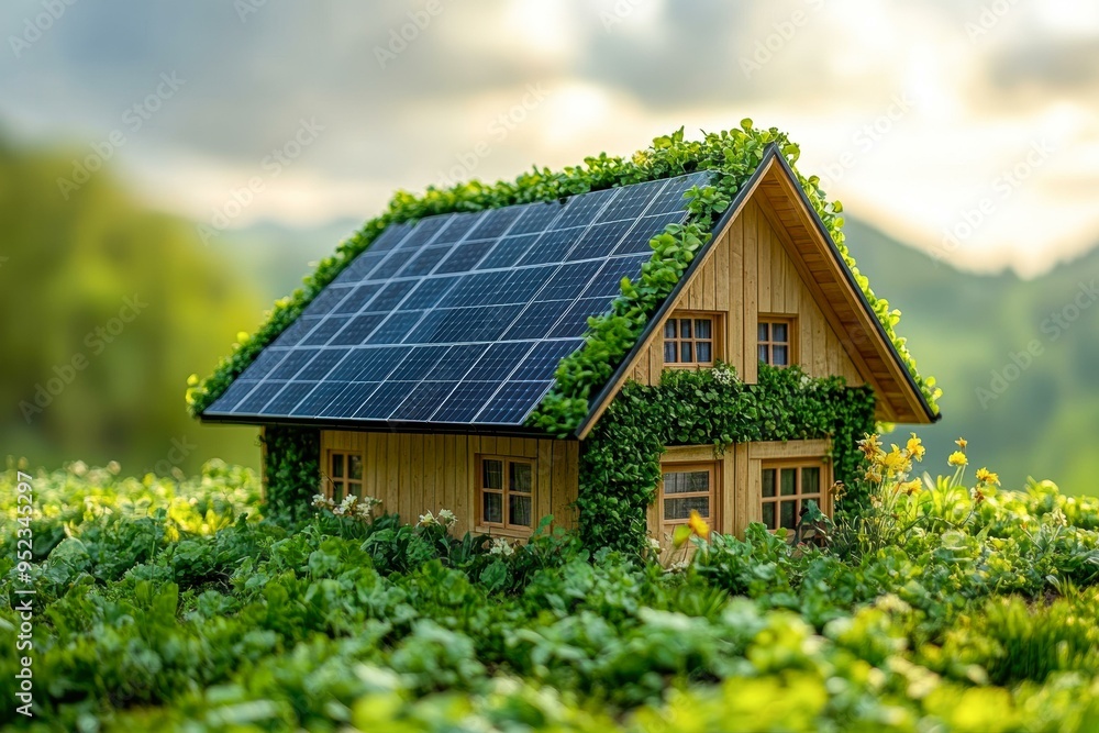 A small eco-friendly house with a solar panel roof and green plants enveloping the structure, set against a lush natural outdoor background A small eco-friendly house with a solar panel roof and green plants enveloping the structure, set against a lush natural outdoor background
