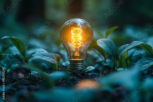 A glowing lightbulb surrounded by green plants symbolizes innovation and sustainability, ideal for concepts related to green energy or ecological solutions, photo