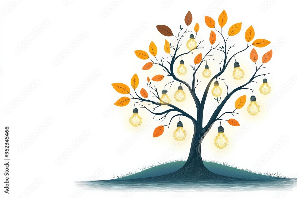 Idea generation, tree with lightbulbs as leaves, minimal white background, flat design illustration, copy space for stock photo with minimal concept, No logo, No Trademark, No text Idea generation, tree with lightbulbs as leaves, minimal white background, flat design illustration, copy space for stock photo with minimal concept, No logo, No Trademark, No text