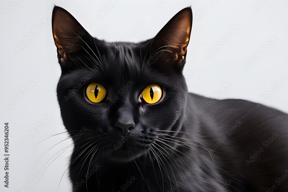 A sleek black cat with piercing yellow eyes staring directly at the camera on a white background, AI Generated A sleek black cat with piercing yellow eyes staring directly at the camera on a white background, AI Generated